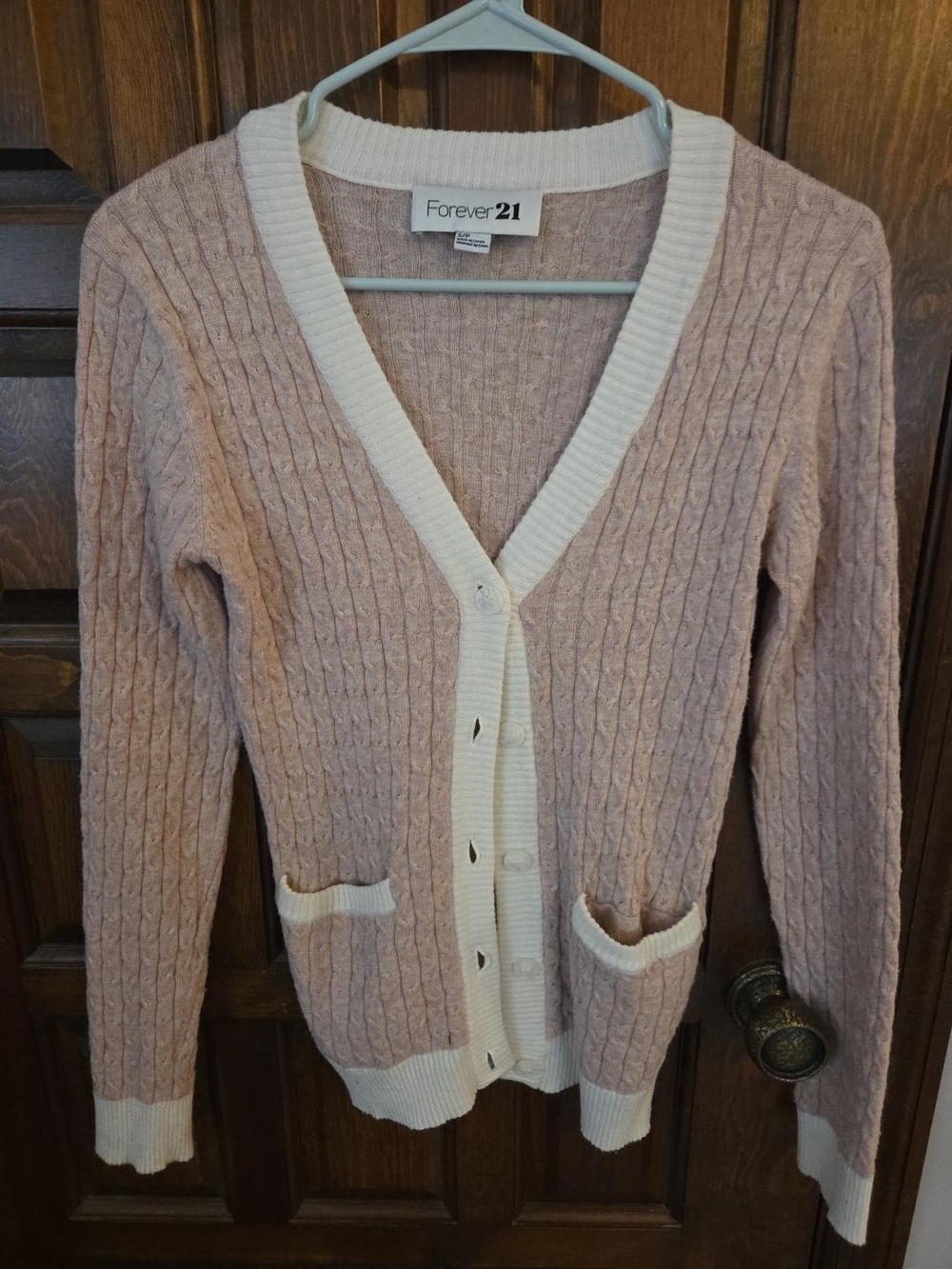 Forever 21 Pink Cable-Knit V-Neck Cardigan with Cream Trim